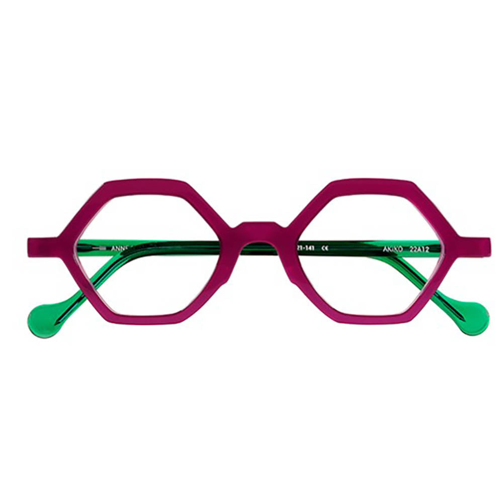 small hexagonal pink and green eyeglass from the french brand anne et valentin